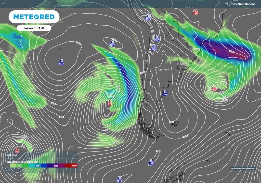 Río atmosférico se aproxima a Chile centro-sur, pronóstico de Meteored Río atmosférico que llegará el jueves (01) al centro-sur de Chile.