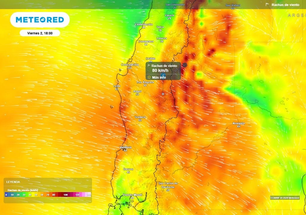 Río atmosférico se aproxima a Chile centro-sur, pronóstico de Meteored Rachas de viento (km/h) para la tarde del viernes (02) en Chile centro-sur.