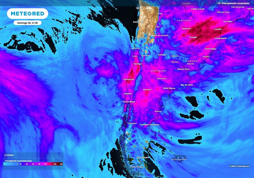 Lluvias acumuladas El tramo central de Chile será el más castigado por las precipitaciones durante esta semana. Las tormentas dejarán chubascos intensos.