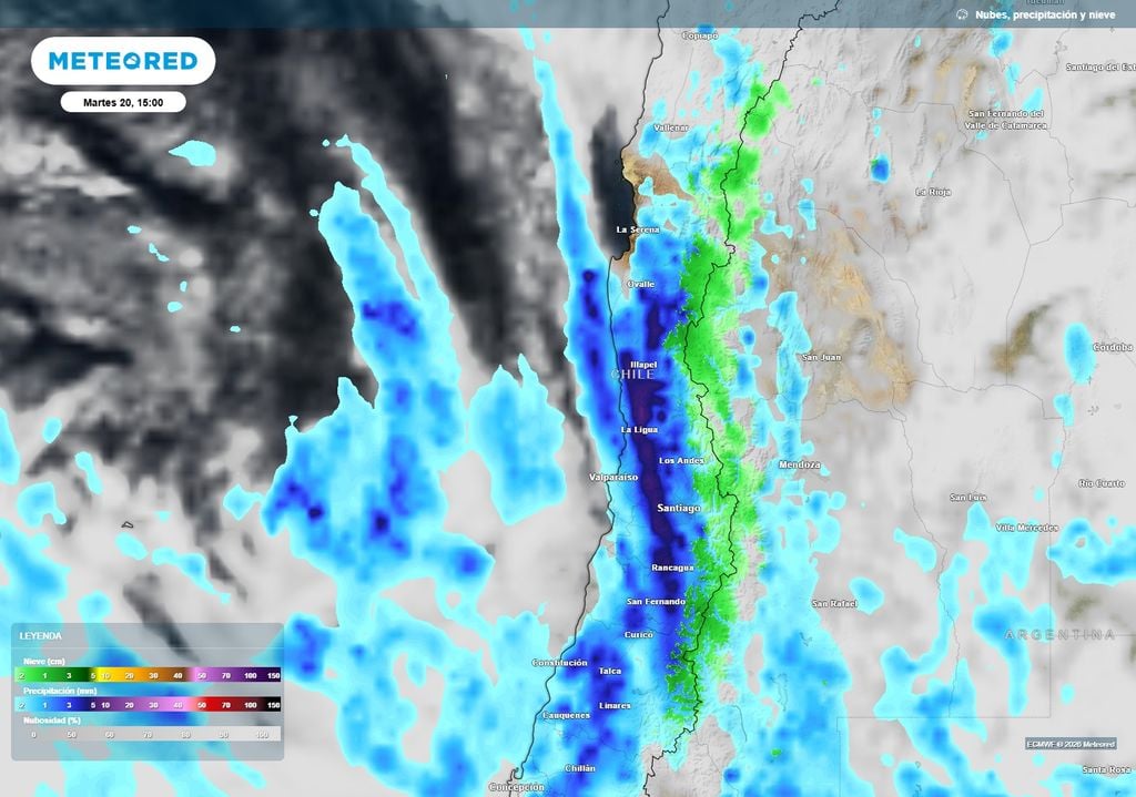 Lluvias previstas Las bandas de tormentas avanzarán por el Norte Chico y la zona central entre el martes 20 y miércoles 21.