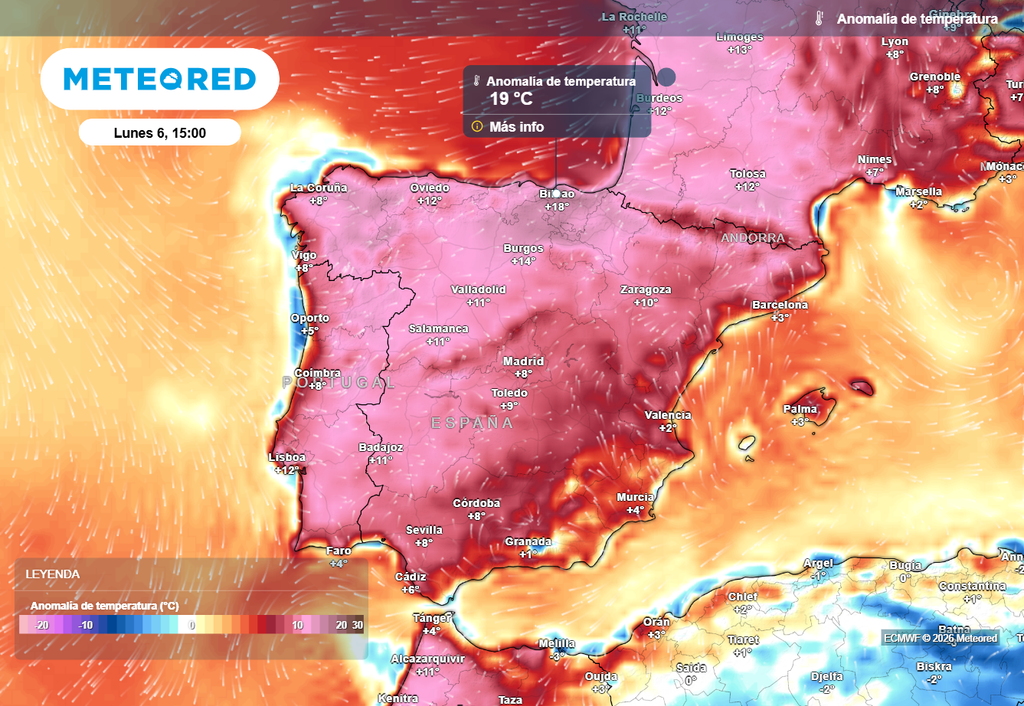 Las anomalías positivas más llamativas se concentrarán en el norte peninsular.