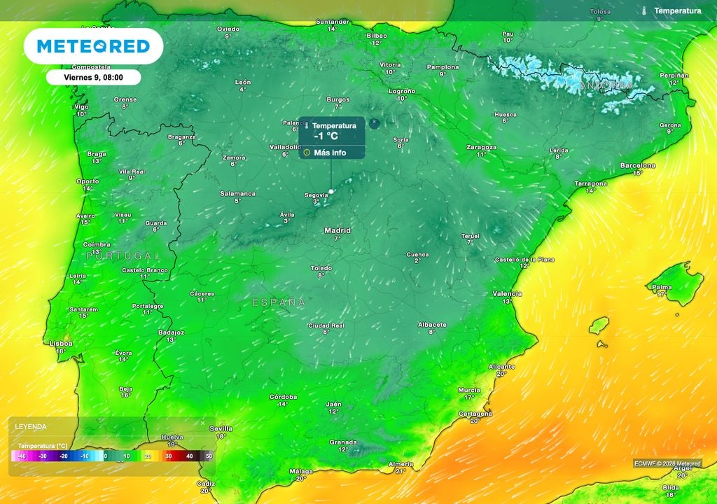 Temperaturas mínimas previstas el día más frío del episodio, que será el viernes según el modelo europeo.