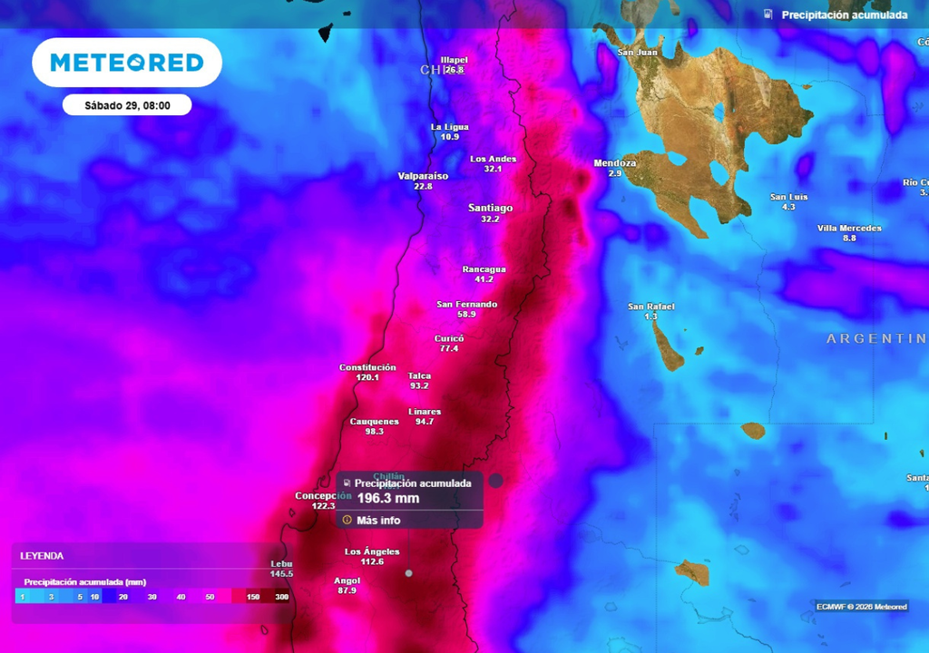 mapa de precipitación acumulada Entre el lunes y sábado se podrían acumular en torno a 200 mm en sectores precordilleranos entre Maule y Biobío.