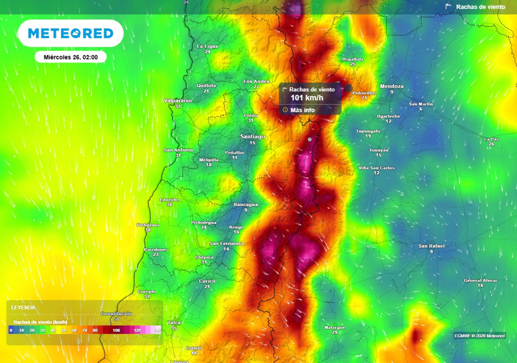 mapa de rachas de viento Los vientos serán fuertes en cordillera durante la tarde y noche del martes, particularmente en el tramo entre O'Higgins y Valparaíso.