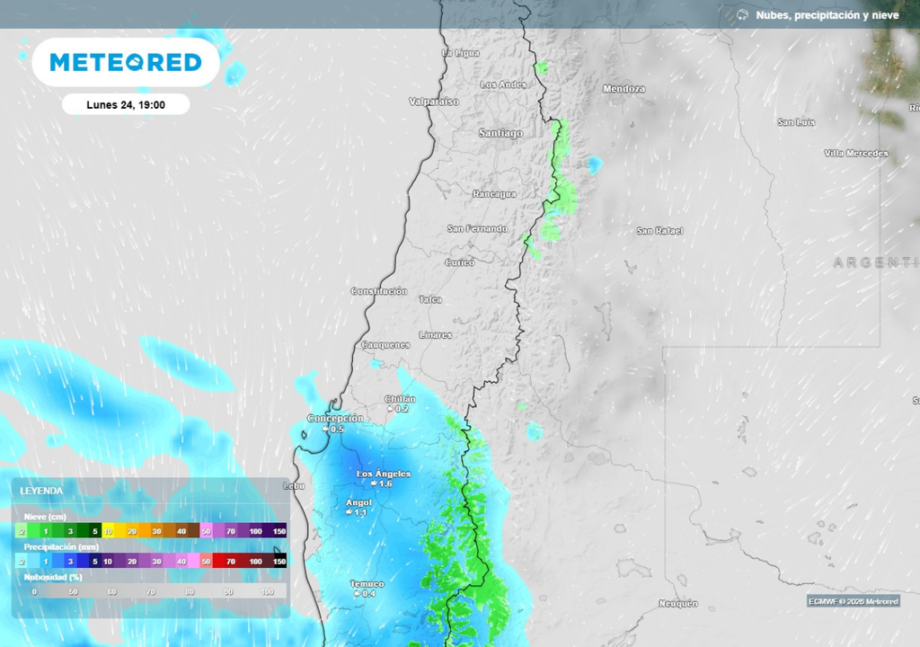 mapa de precipitaciones El lunes tendremos una jornada nubosa, marcada por un descenso térmico en la zona central, y probables precipitaciones en la región del Biobío.