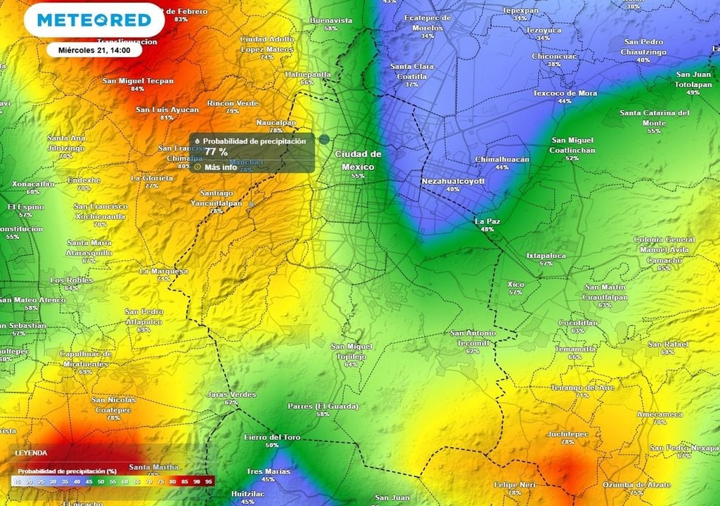 La mayor probabilidad de lluvia se concentrará en la zona montañosa de la ciudad, el acumulado máximo rondará los 5 mm.