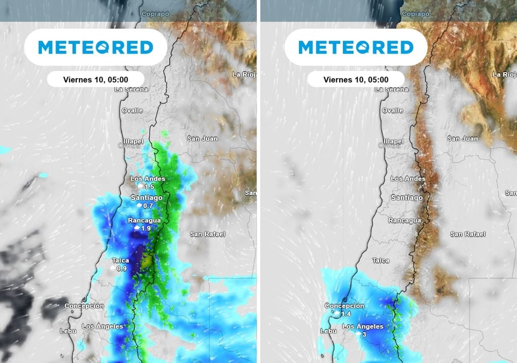ECMWF y GFS Mientras el modelo europeo ECMWF prevé lluvias importantes en la RM, el GFS norteamericano concentra la probabilidad de lluvias hacia el centro sur del país.
