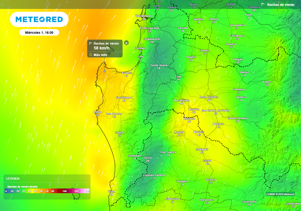 Miércoles 01 de octubre con viento de 60 km/h en la Región de Biobío, Meteored, Chile