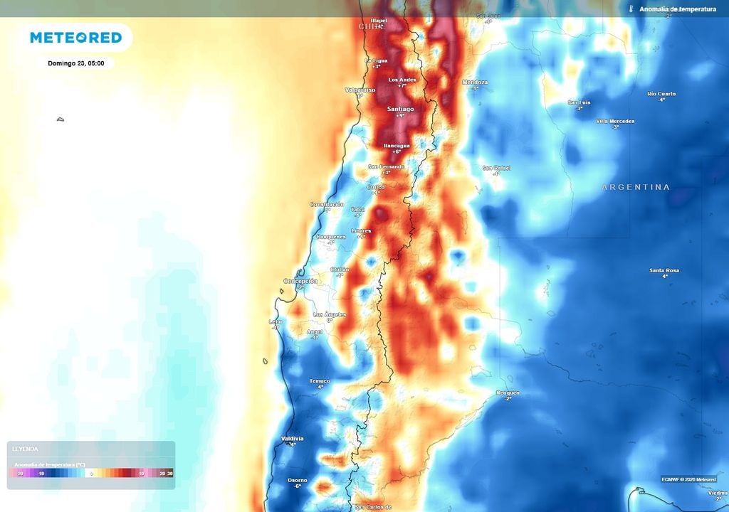 La masa de aire más frío avanzará desde el sur durante el fin de semana, dejando anomalías negativas de temperatura entre Maule, Ñuble y Biobío. El descenso será más notorio durante la madrugada y mañana del domingo 23, con mínimas cercanas a 2 °C en algunos sectores interiores.