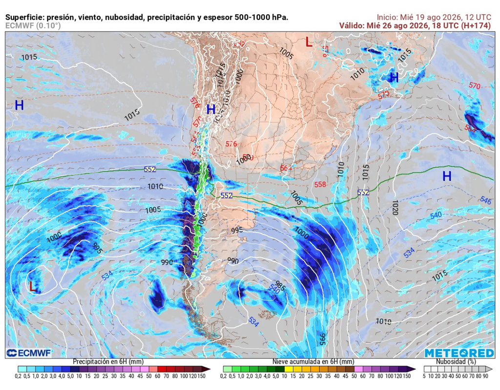 El modelo ECMWF proyecta para la próxima semana el avance de un sistema frontal desde el sur. De mantenerse esta tendencia, el frente podría aproximarse al centro de Chile.