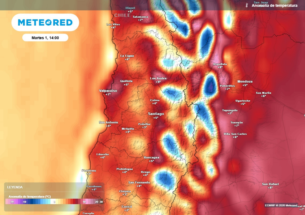 mapa de anomalía de temperatura Este martes sentiremos un ambiente bastante primaveral: nos sorprenderán máximas cercanas a los 26 °C en comunas de Valparaíso y RM.