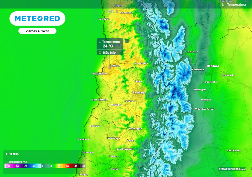 mapa de temperatura Este viernes las máximas volverán a ubicarse sobre los 20 °C, sobre todo al interior y en el sector precordillerano de Valparaíso y RM.