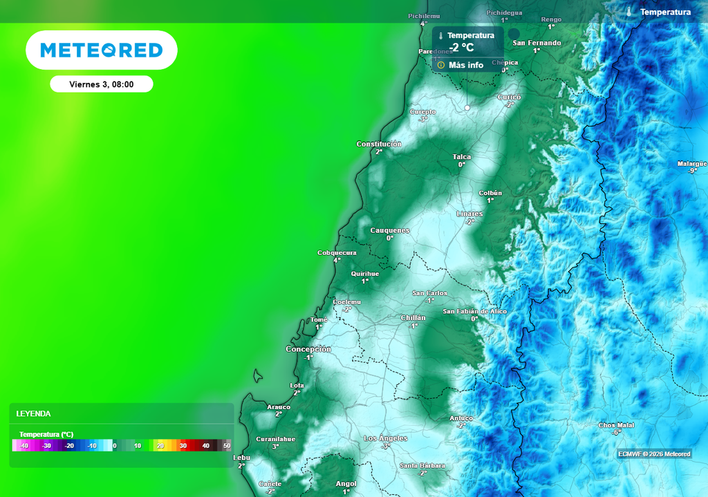 Las heladas matinales continuarán durante la jornada del viernes, donde gran aprte de la zona central estará con temperaturas inferiores a 0°C.