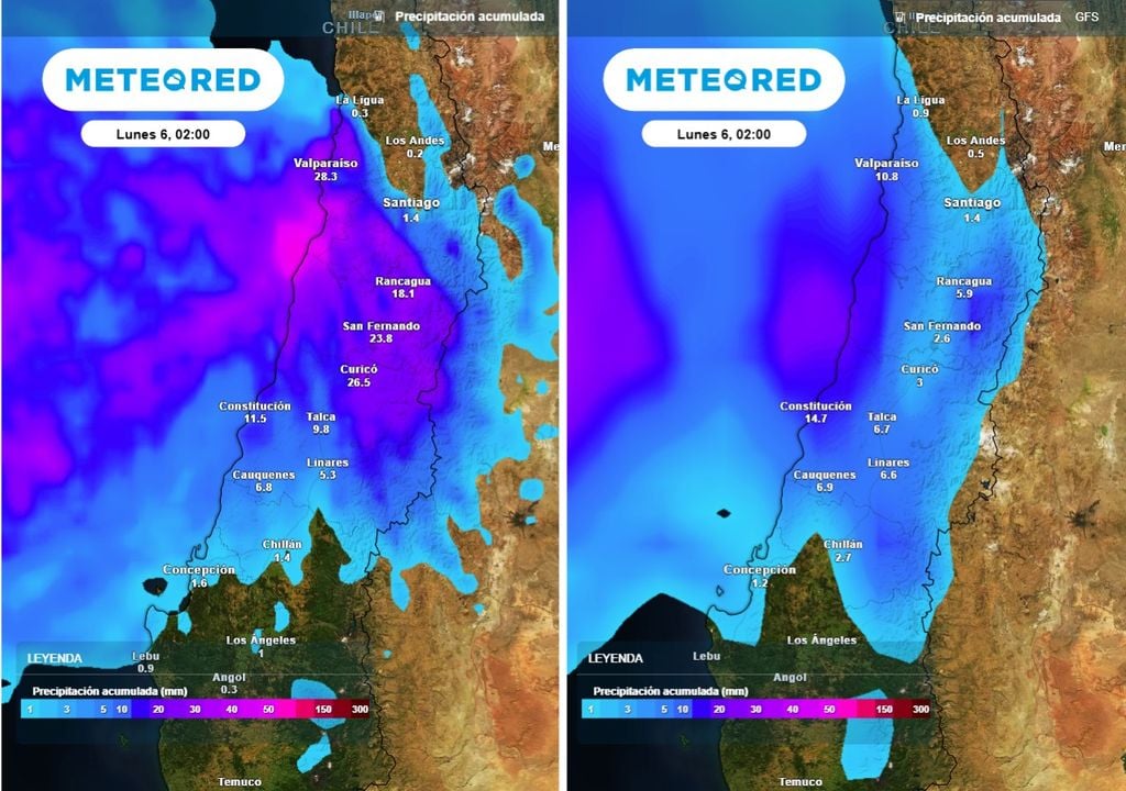 Precipitaciones acumuladas por ambos modelos hasta el día lunes en la madrugada, ECMWF proyecta un evento más intenso comparado con GFS.