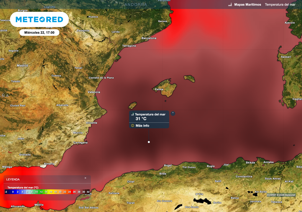 Las aguas al sur de Baleares podrían alcanzar los 31 ºC esta tarde, según previsiones del modelo europeo.