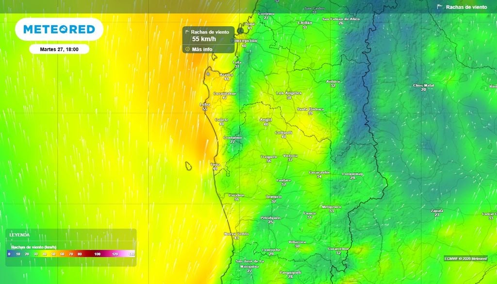 Dorsal en altura se aproxima con 30 °C a Chile centro-sur Rachas de viento (km/h) para la tarde del martes (27) en las regiones de Biobío y La Araucanía.