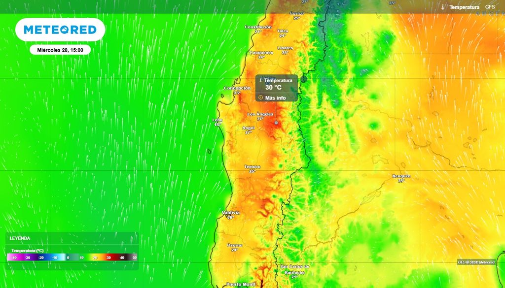 Dorsal en altura se aproxima con 30 °C a Chile centro-sur Temperatura máxima (°C) para el miércoles (28) en Chile centro-sur.