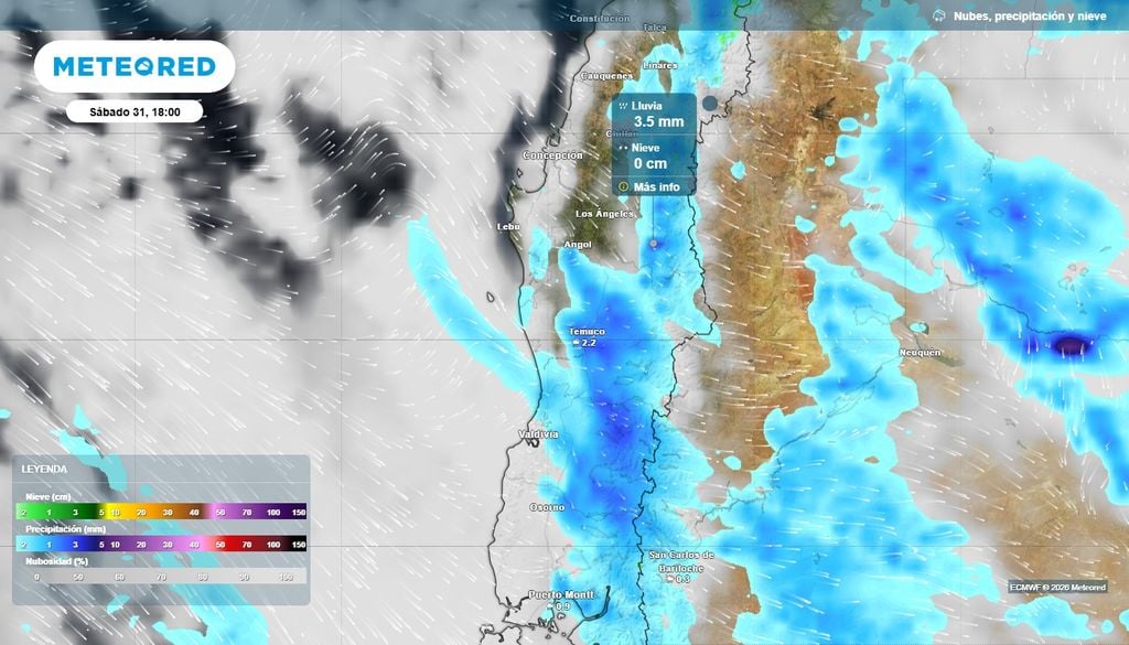 Dorsal en altura se aproxima con 30 °C a Chile centro-sur Precipitación (mm) para la tarde del sábado (31) en Chile centro-sur.
