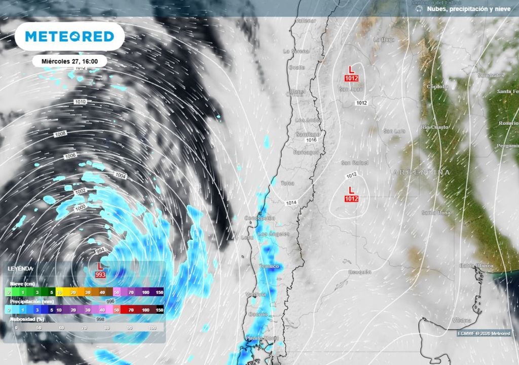 mapa de precipitación y nubosidad Entre el miércoles y jueves tendremos influencia de nubosidad en el valle central producto del avance de un sistema frontal por el centro sur.