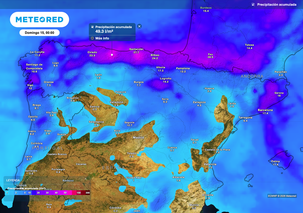 Acumulado de precipitación previsto en el norte peninsular hasta la medianoche del domingo. Fuente: modelo europeo.