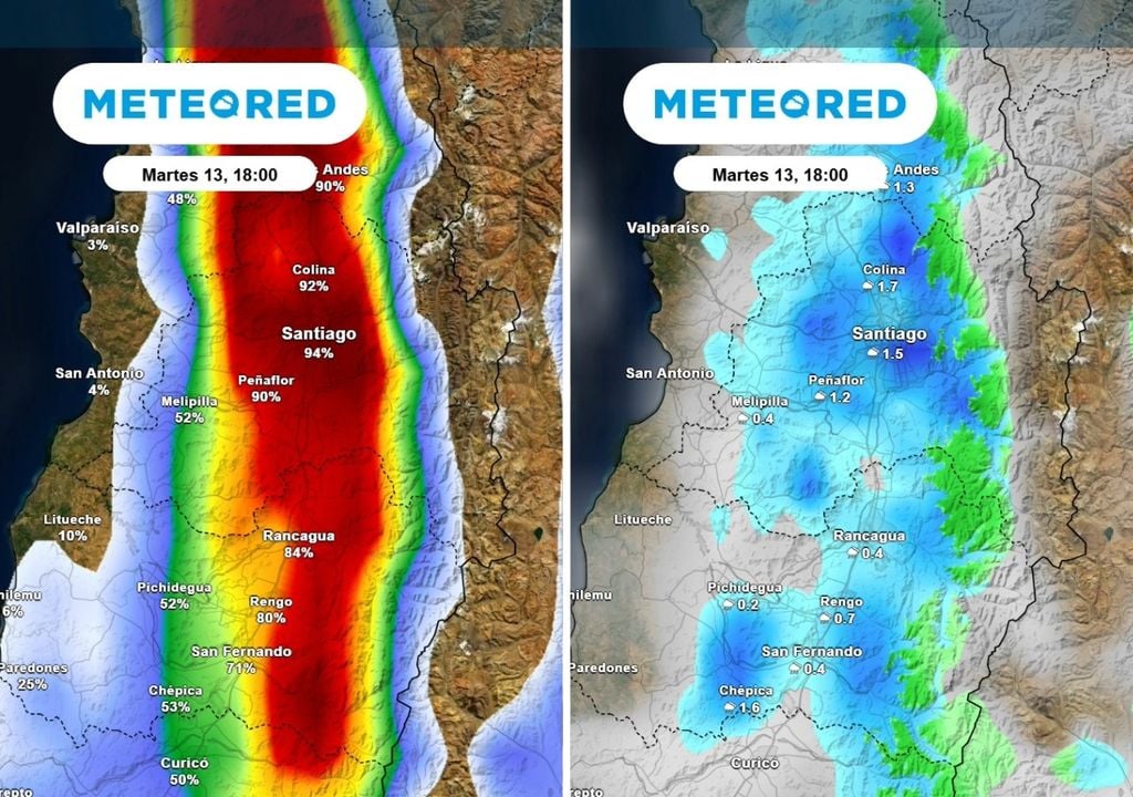 Alta probabilidad de lluvias en Santiago durante la tarde de este martes: llegarían acompañadas por tormentas eléctricas.