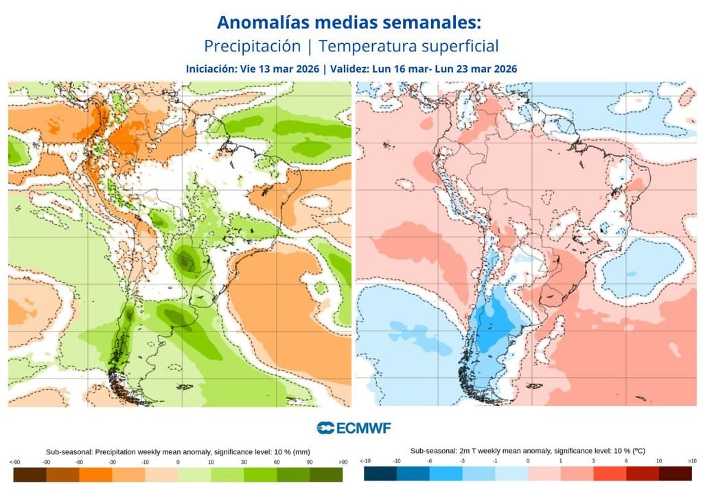 En los mapas se observa anomalías positivas de precipitación y negativas de temperatura superficial para la semana que viene, lo que podría traducirse en eventos aislados de precipitación que enfríen un poco el ambiente.
