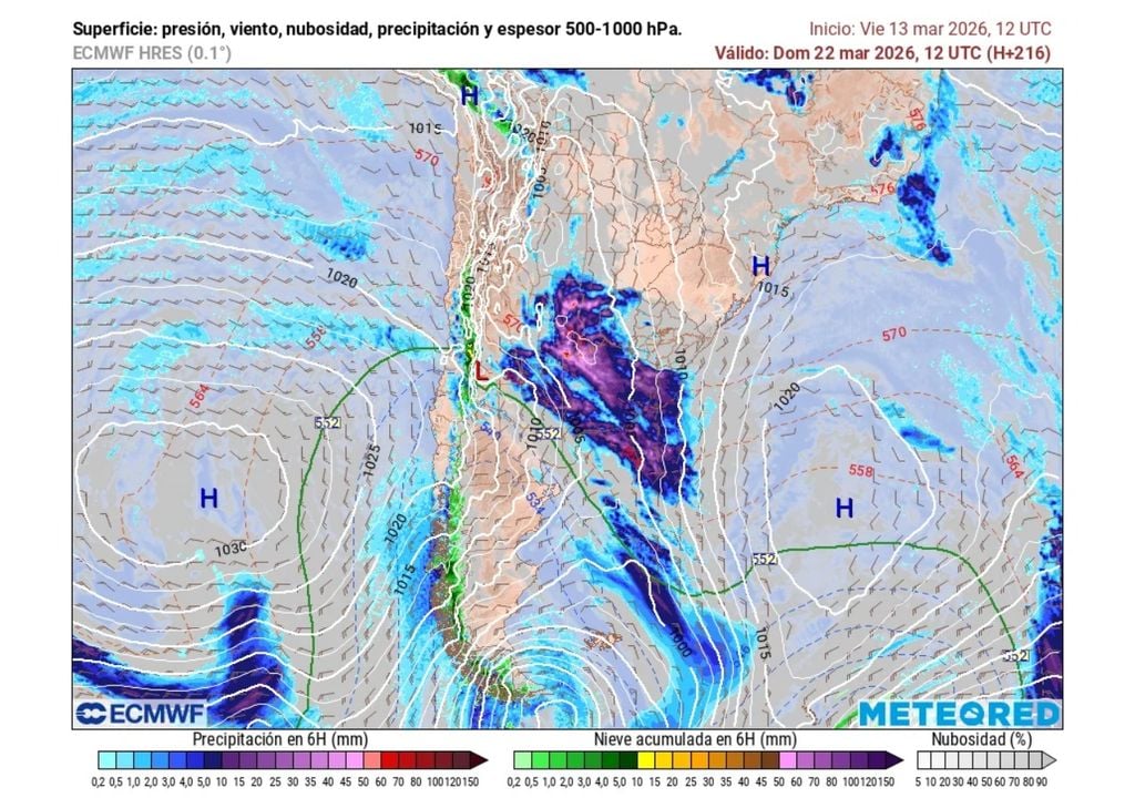 En la carta se observa el avance de otro sistema frontal que podría encaminarse hacia el centro de Chile a finales de la próxima semana.