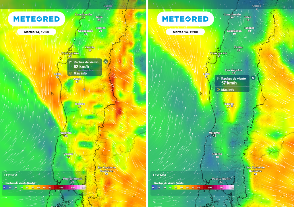 Rachas de viento (km/h) para el mediodía del martes 14 de abril 2026 en Chile centro-sur. Modelo del ECMWF (imagen izquierda) y GFS (imagen derecha).