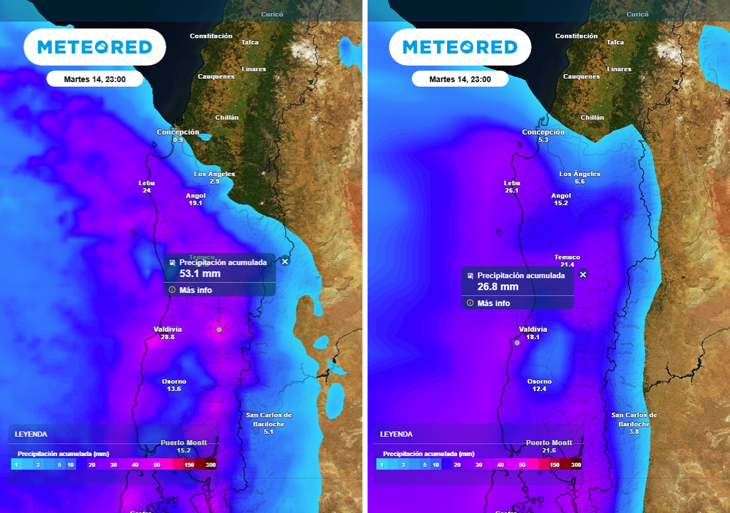 Precipitación acumulada (mm) hasta la noche del martes 14 de abril 2026 en Chile centro-sur. Modelo de ECMWF (imagen izquierda) y GFS (imagen derecha).