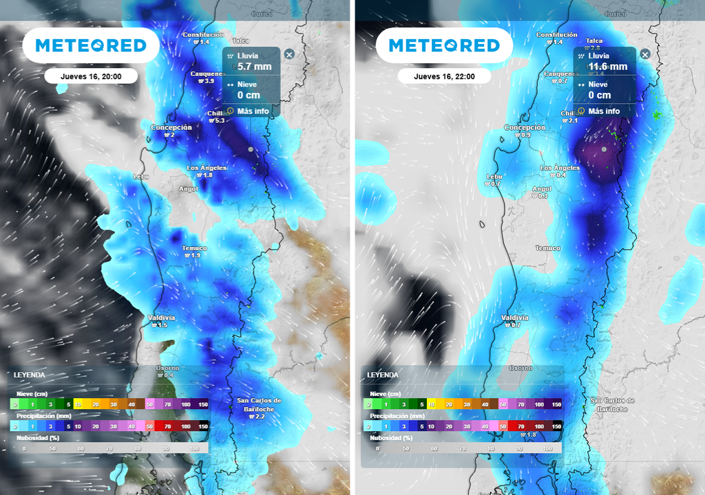 Precipitación (mm) para la noche del jueves 16 de abril 2026 en Chile centro-sur. Modelo del ECMWF (imagen izquierda) y GFS (imagen derecha).
