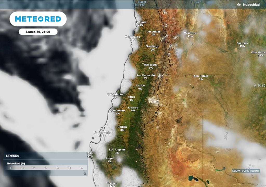 Durante la tarde del lunes, el ingreso de nubosidad desde el océano cubrirá sectores costeros, marcando el retorno de cielos parciales en el litoral.