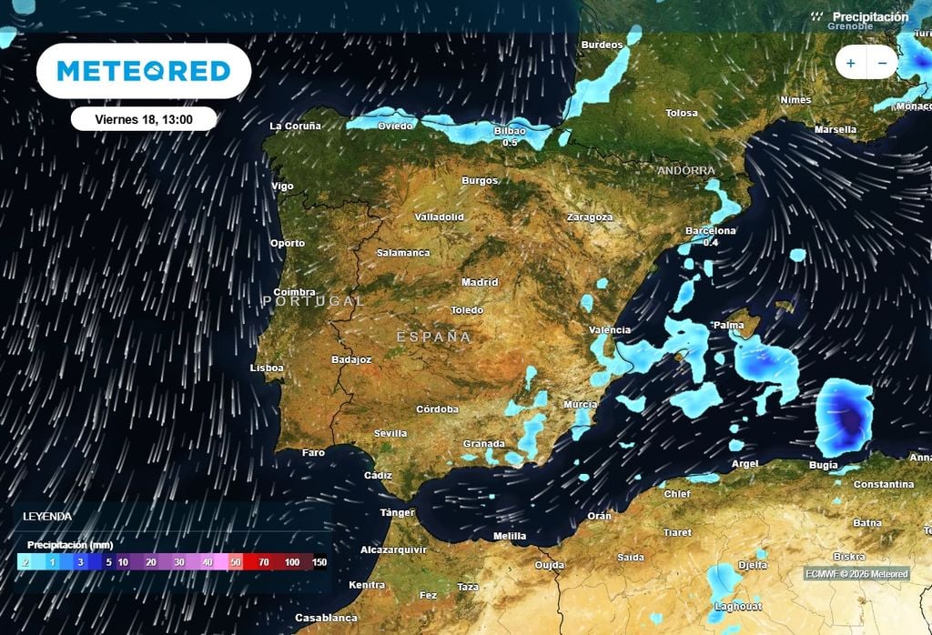 Se mantendrán las precipitaciones en el norte, este y Baleares durante la jornada de mañana, ya no tan intensas y más dispersas.