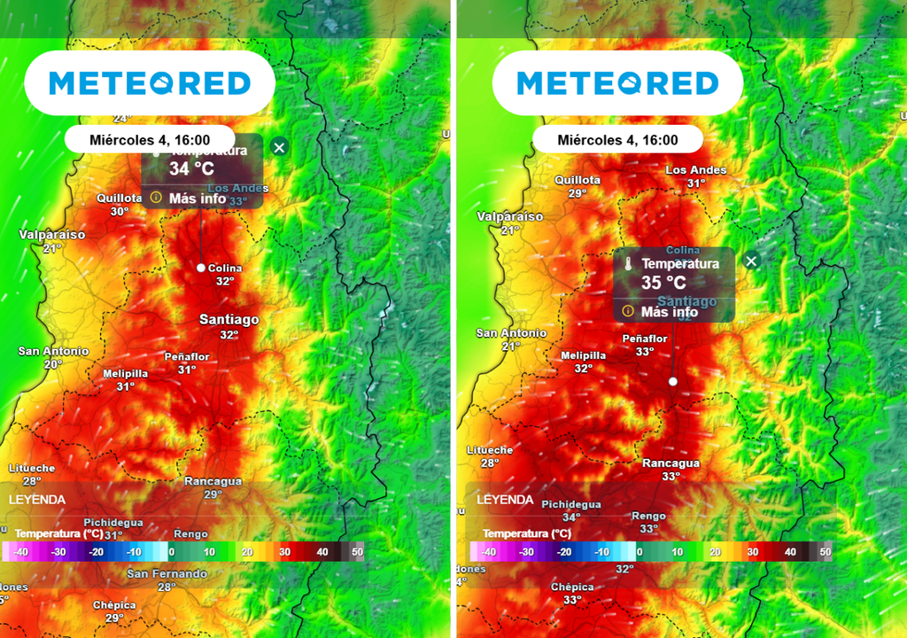 Temperaturas Modelo europeo (imagen izquierda) muestra hasta 34 °C el miércoles, aunque el modelo GFS indica valores más elevados.