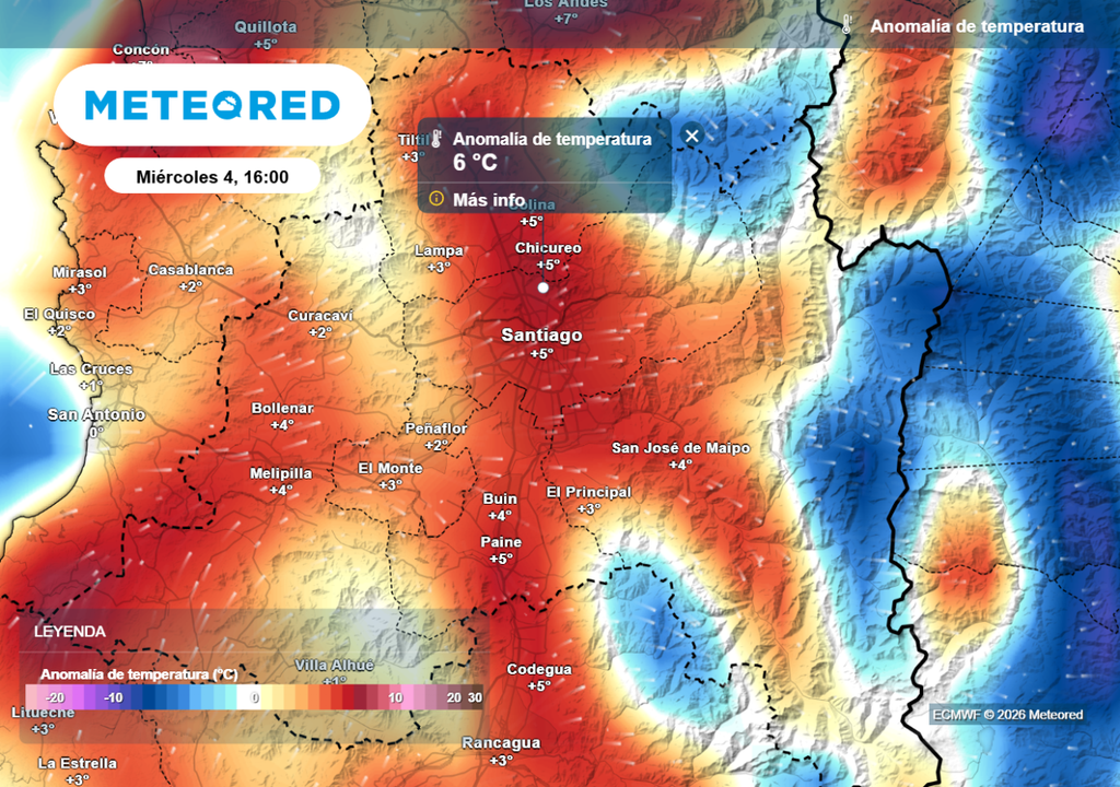 Anomalías Modelo ECMWF muestra el repunte este miércoles, temperaturas escalarían respecto a las jornadas previas en el valle.