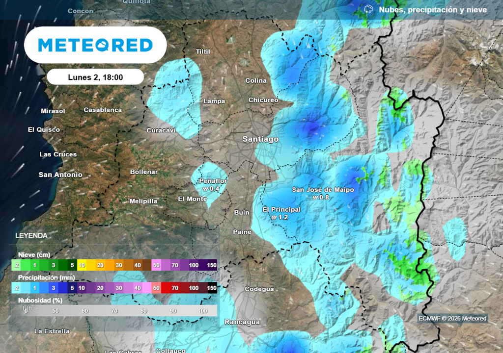 Nubes y lluvias Mayor cobertura nubosa y chubascos en zonas altas será la tónica este lunes en la Región Metropolitana.