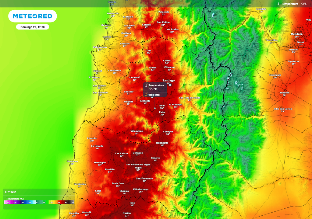 Proyección del modelo GFS para la tarde del domingo 22 muestra temperaturas que podrían alcanzar hasta 35 °C en Santiago, bajo fuerte influencia de dorsal en altura.