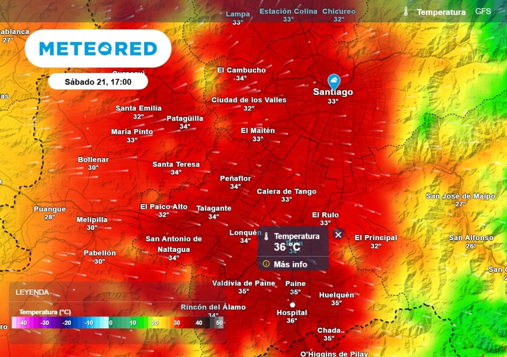 Modelo GFS sugiere cerca de 37 °C en varias zonas de la Región Metropolitana este sábado.