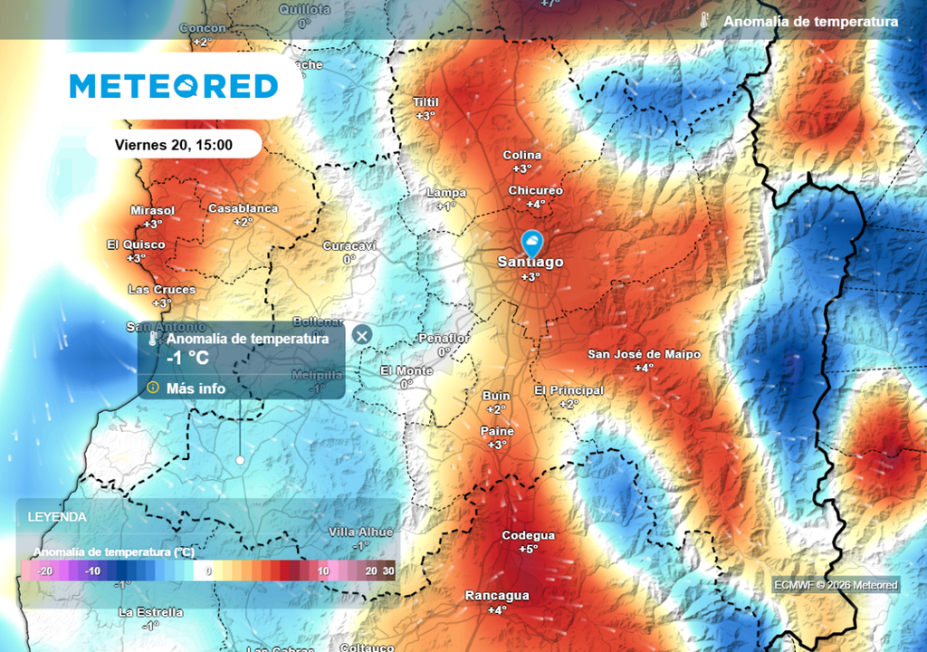 Mapas de anomalías de ECMWF corroboran la baja térmica este viernes, sobre todo al poniente de la RM.
