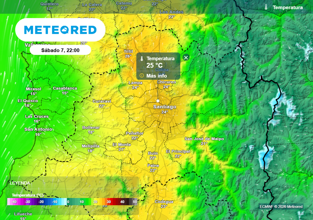 En horas cercanas a la medianoche del domingo las temperaturas podrían rondar los 25 °C en Santiago, evidenciando una noche cálida de verano.