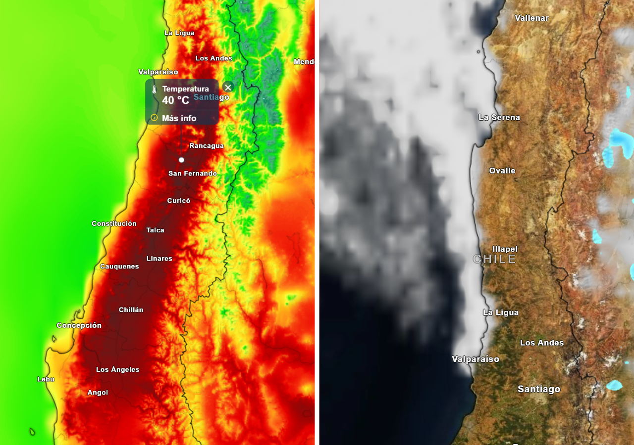 Contraste térmico para despedir el año: temperaturas que alcanzan hasta 40 °C durante la tarde del 31 de diciembre en la zona central, mientras que nubosidad costera cubriría el litoral desde Atacama hasta Valparaíso a la medianoche, justo al recibir el año 2026.