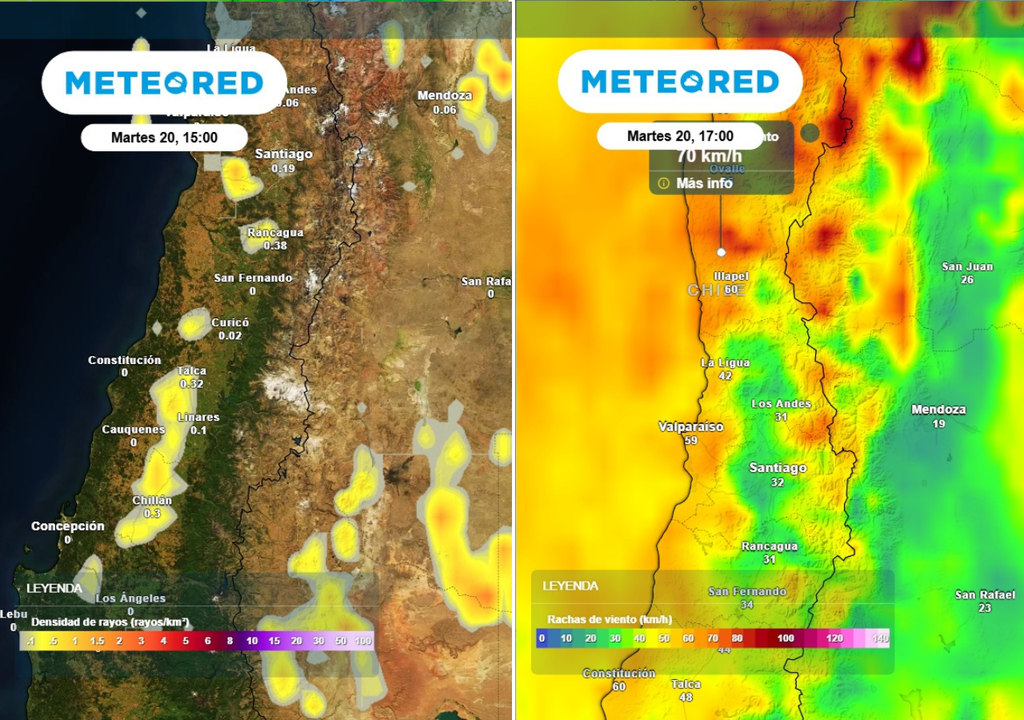 densidad de rayos y rachas de viento El martes se esperan tormentas eléctricas y fuertes rachas de viento durante la tarde.