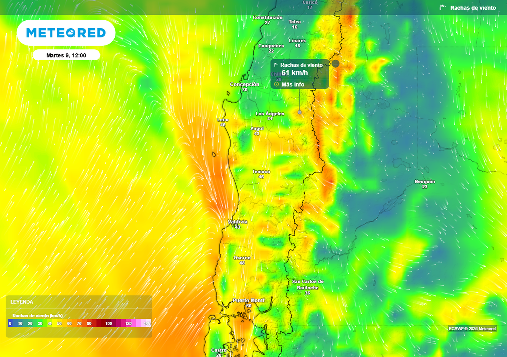 Fuertes rachas de viento de 60 km/h para el martes en Chile centro-sur, pronóstico de Meteored Rachas de viento (km/h) para el mediodía del martes (09) en Chile centro-sur.