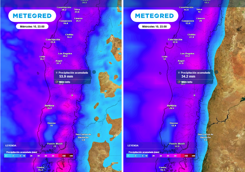 Lluvias acumularían hasta 40 mm en Chile centro-sur en 24 horas Precipitación acumulada (mm) hasta la noche del miércoles (10) en el centro-sur de Chile.