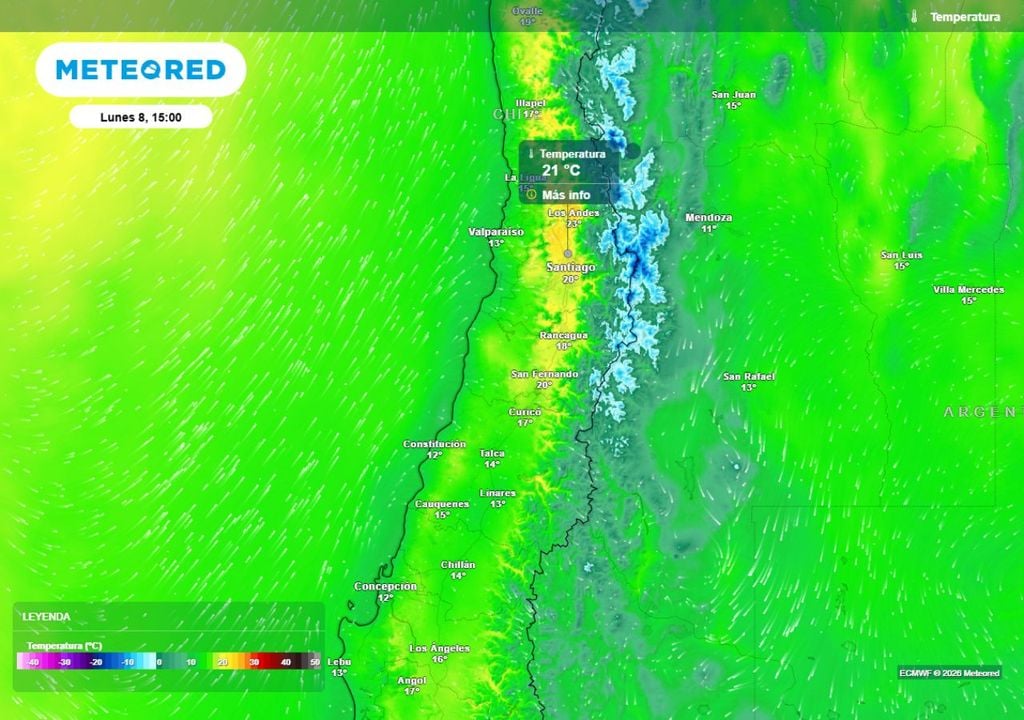 mapa de temperatura Las máximas subirán hasta 23 grados en las comunas precordilleranas de Valparaíso, mientras que rondarán los 20 grados en el valle de la zona central.