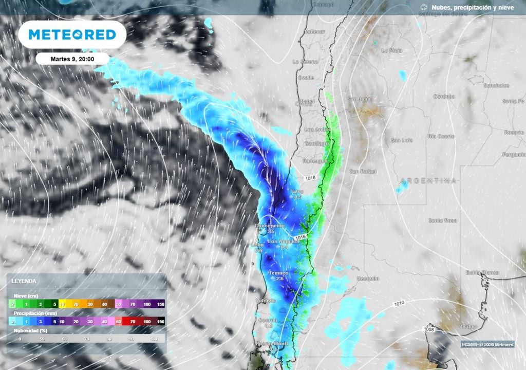 mapa de precipitaciones Este martes arribará un sistema frontal que dejará lluvias y viento en la zona central de Chile: lo más intenso se espera para la noche de ese día.