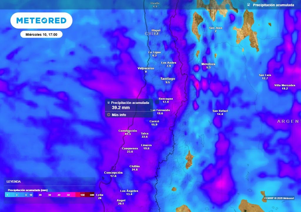 mapa de precipitación acumulada La lluvia acumulada no sobrepasaría los 40 mm en esta ocasión: los pulsos más intensos se esperan en el litoral de Ñuble y Maule, además en la precordillera central.