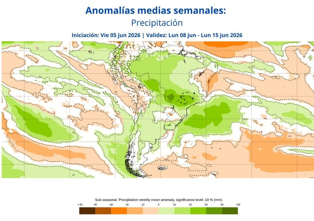 mapa de proyección semanal de anomalía medias de precipitación (ECMWF) En esta semana entrante tendremos anomalías positivas de precipitación, es decir, que se esperan valores sobre lo normal, según la proyección del ECMWF.