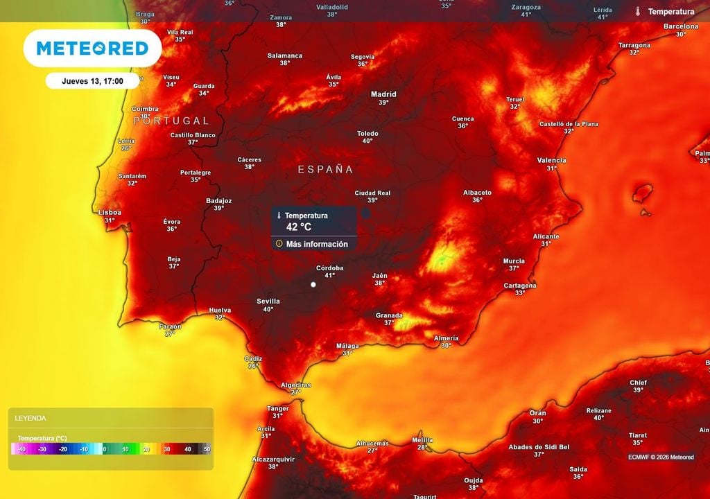 Caldo estremo La località di Écija, in provincia di Siviglia, confermerà domani e dopodomani la sua fama di “padella dell'Andalusia”. Sia nella valle centrale del Guadalquivir sia in quella dell'Ebro, le temperature massime raggiungeranno i 42 °C domani e giovedì.