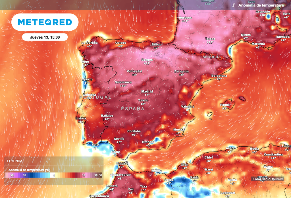 Sia domani, mercoledì, sia giovedì (come mostra la mappa) avremo nella metà settentrionale della Penisola anomalie termiche positive molto marcate, fino a +12 °C nel nord-ovest di Castiglia e León, nell'Alto Ebro e in Navarra.