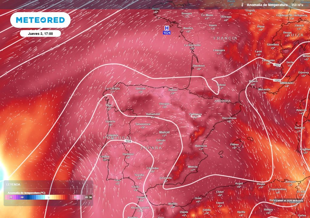 Anomalías de temperatura previstas a unos 1500 metros de altitud para la tarde del jueves 3 de septiembre. La coincidencia de un potente anticiclón en superficie junto a una dorsal en altura favorecen la configuración de un domo de calor y provocan que las temperaturas se disparen.